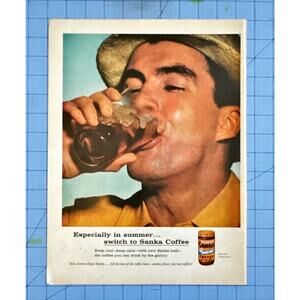 1959 Sanka Coffee Vintage Print Ad Man In Hat Drinking Iced Coffee